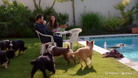 Backyard Bliss: Coffee, Dogs, and Swimming – AI Generated Video | Hailuo AI