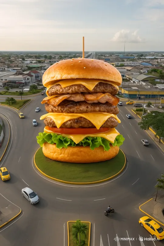 Cinematic Flyover of Giant Burger Monument at Sunset – AI Generated Video | Hailuo AI