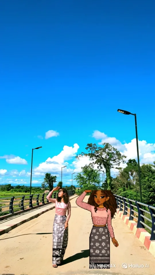 Real Woman and Pixel Art Stand Together in Animated Harmony – AI Generated Video | Hailuo AI