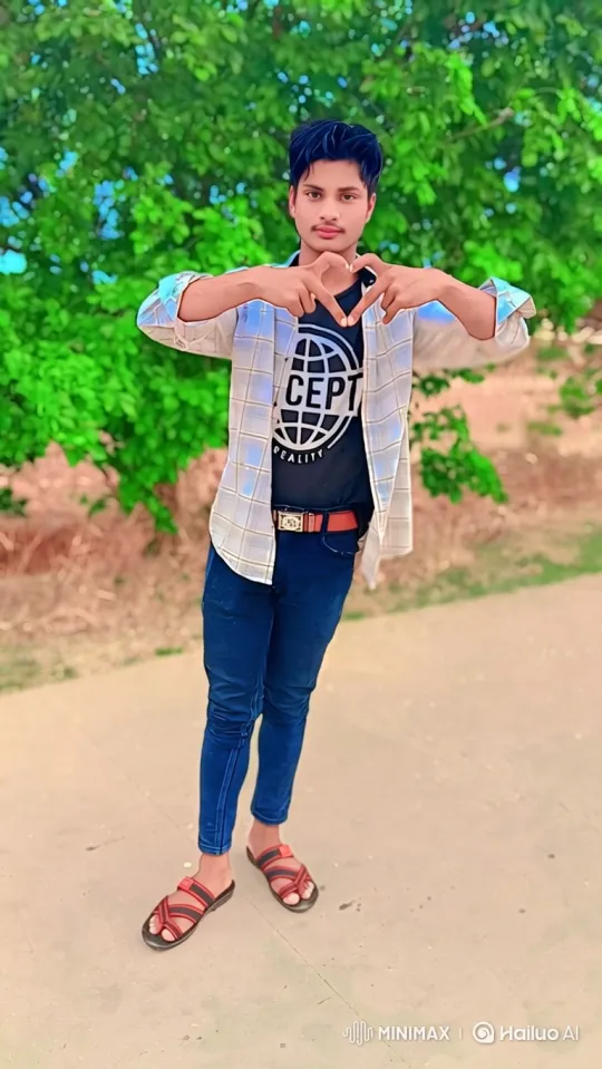 Young Man Forms Heart Shape with Hands on Paved Path – AI Generated Video | Hailuo AI