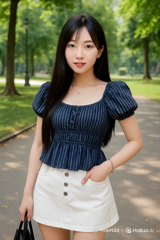 East Asian Woman Poses Cheerfully in Stylish Outfit – AI Generated Video | Hailuo AI