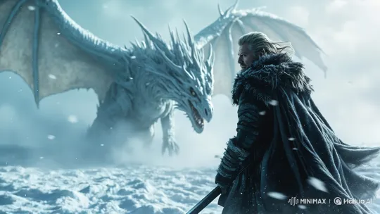 Warrior Faces Majestic White Dragon in Snowy Standoff – AI Generated Video | Hailuo AI