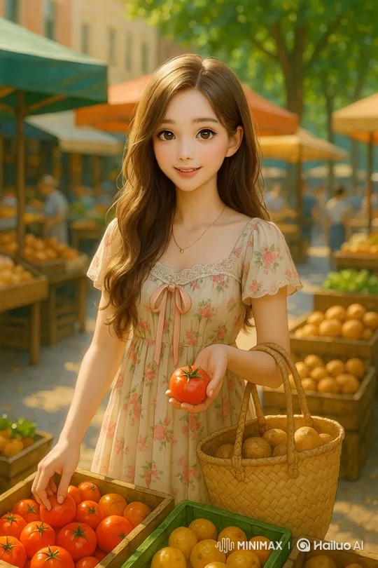 Young Woman Strolls Through Sunlit Outdoor Market – AI Generated Video | Hailuo AI