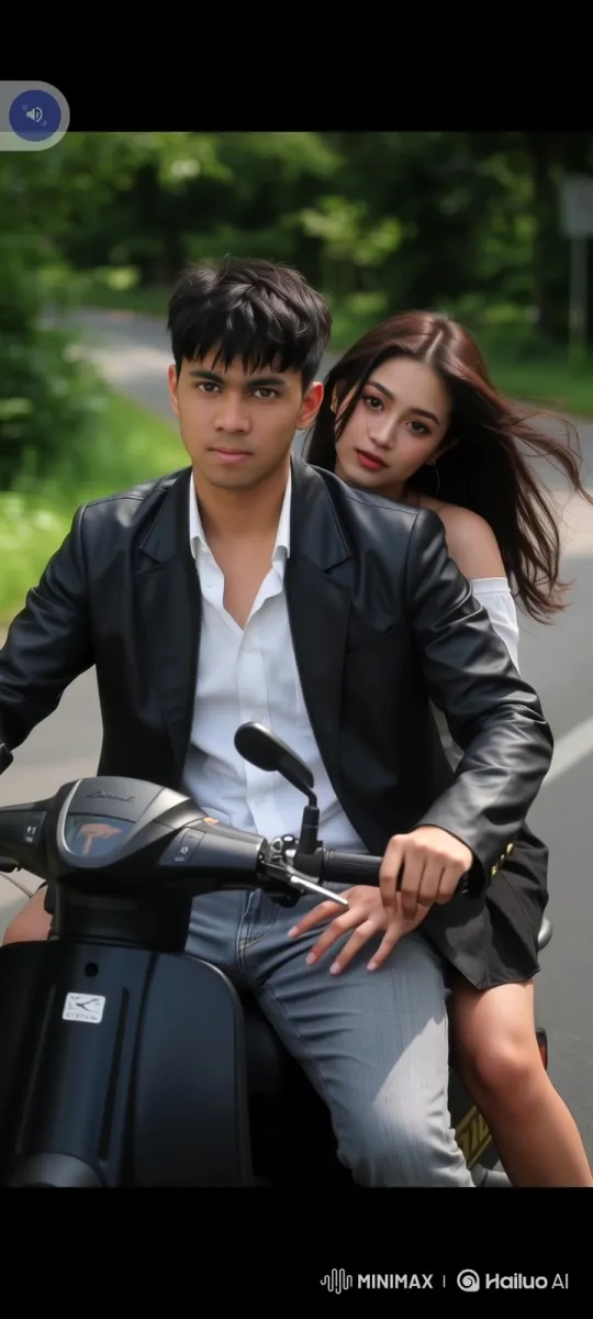 Couple on Scooter: A Journey Along a Tree-Lined Road – AI Generated Video | Hailuo AI