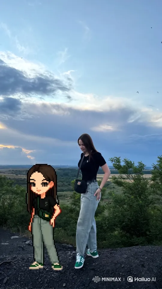 Young Woman and Pixel Twin on Hilltop with Panoramic Landscape – AI Generated Video | Hailuo AI
