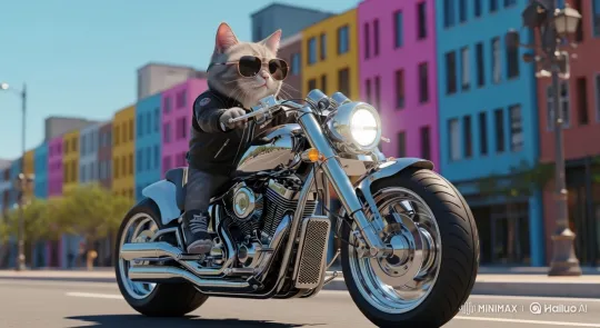 Cat on Motorcycle Faces Oncoming Truck in Thrilling Scene – AI Generated Video | Hailuo AI