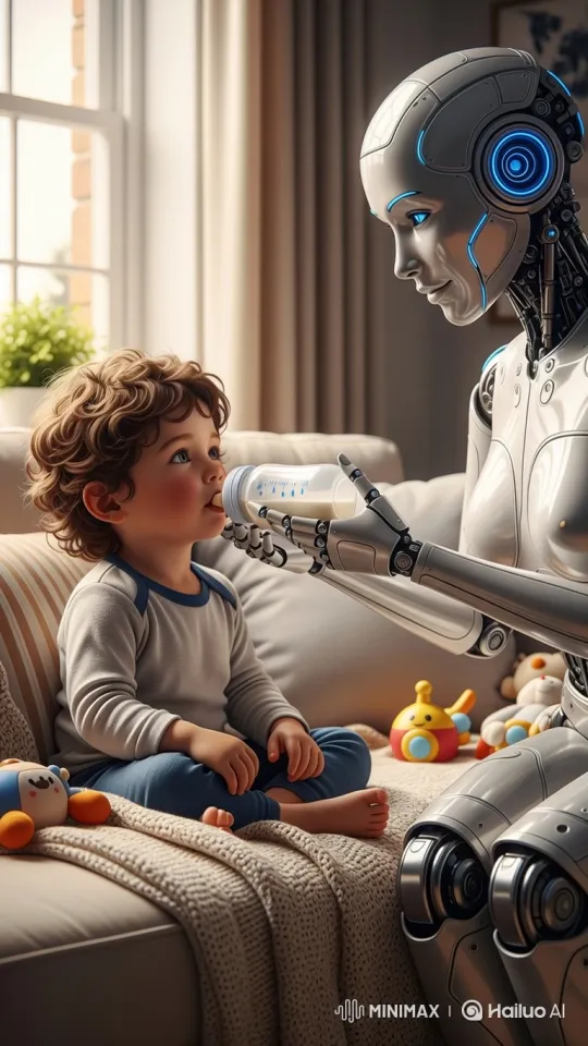 Futuristic Robot Nurtures Toddler with Affection – AI Generated Video | Hailuo AI