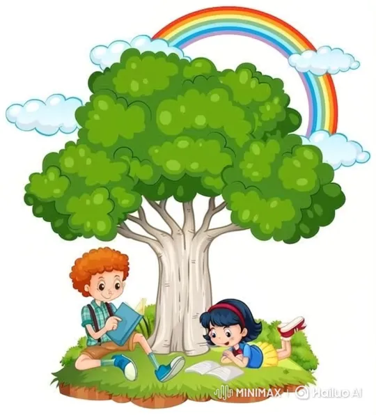 Children Relaxing Under a Shimmering Rainbow Tree – AI Generated Video | Hailuo AI