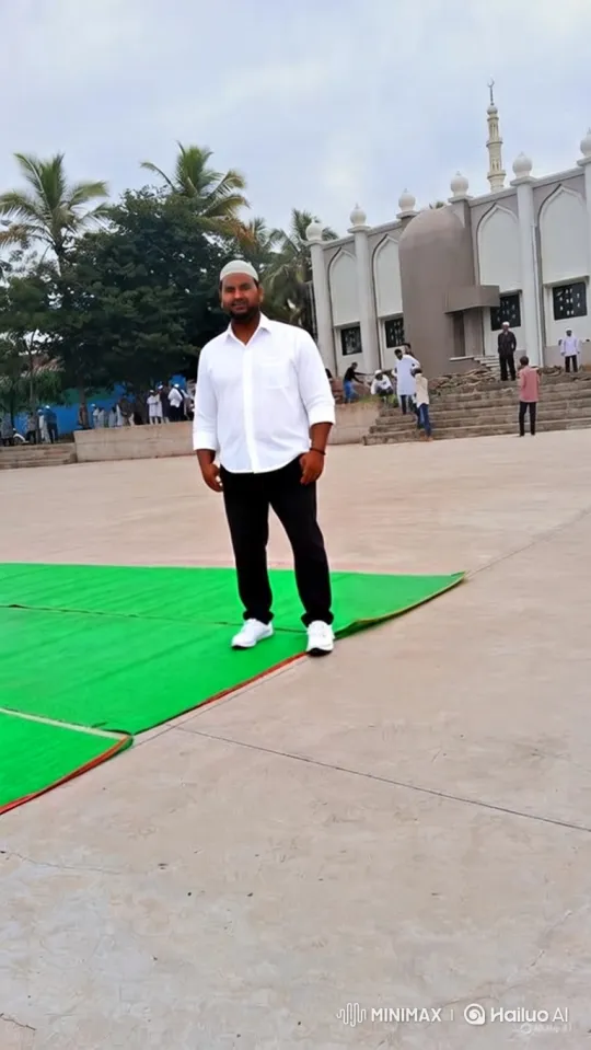 Man in Prayer Cap in Courtyard of Modern Mosque – AI Generated Video | Hailuo AI