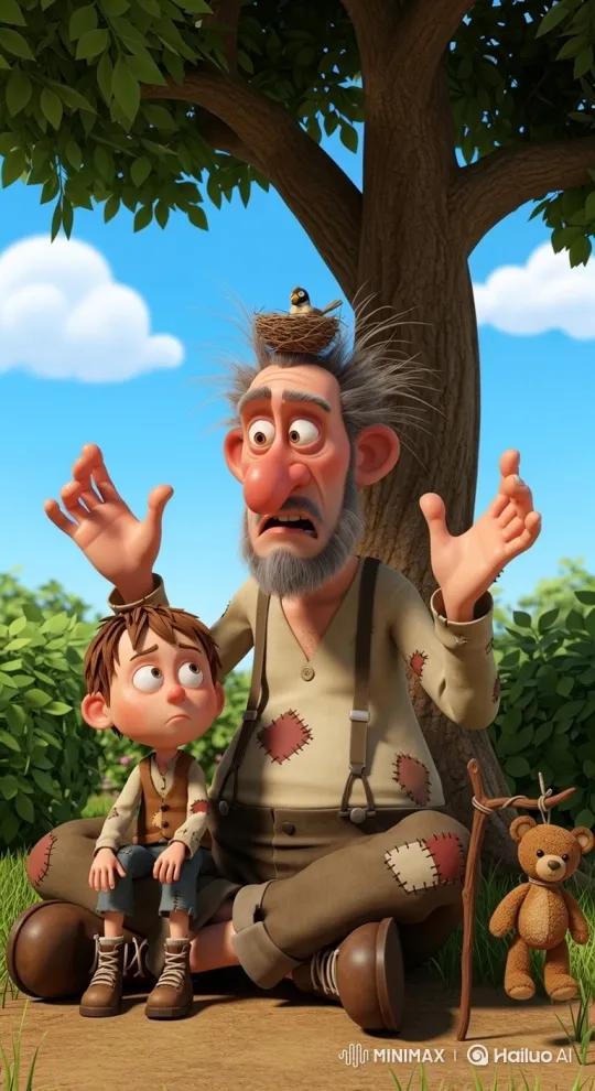 Disheveled Man Serenely Lectures Unimpressed Boy Under Tree – AI Generated Video | Hailuo AI