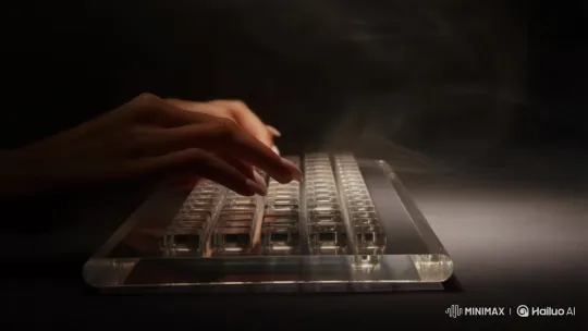 Transparent Glass Keyboard Typing in Spotlight – AI Generated Video | Hailuo AI