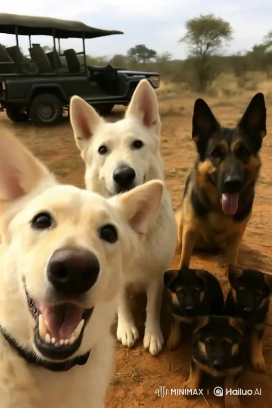 German Shepherd Family Portrait in Suburban Backyard – AI Generated Video | Hailuo AI