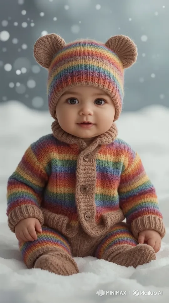 Joyful Baby Dances in Snow, Wearing Rainbow Stripes – AI Generated Video | Hailuo AI