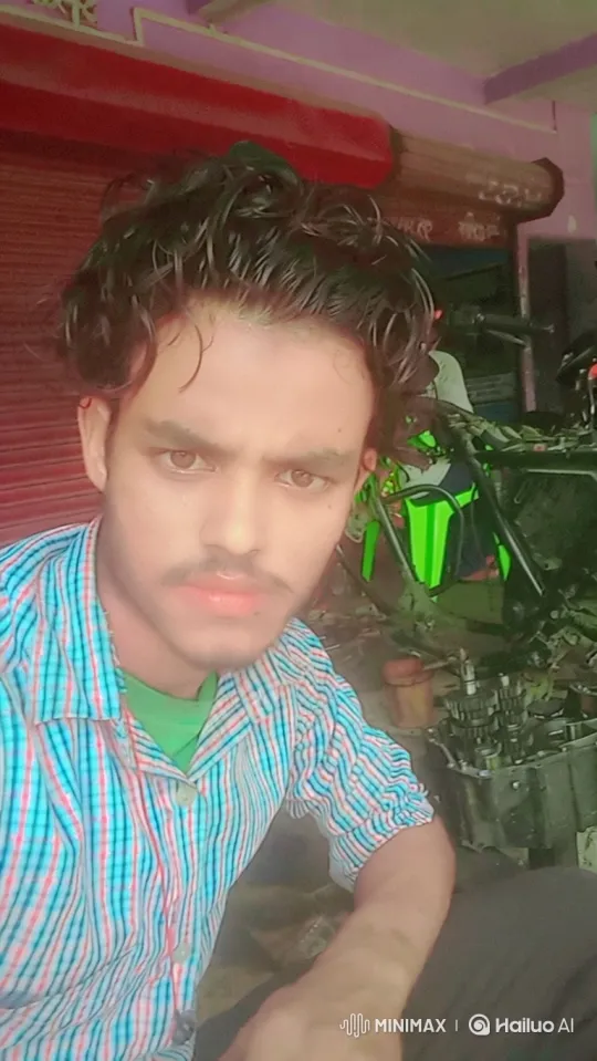 Young Man with Mustache Stares Steadily in Workshop Setting – AI Generated Video | Hailuo AI