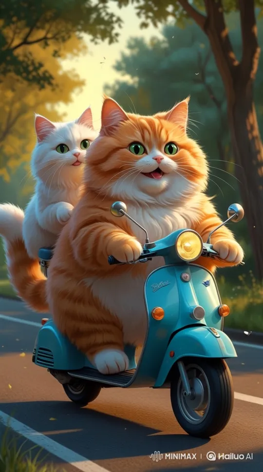 Fluffy Cats Joyride on Scooter Through Puddle – AI Generated Video | Hailuo AI