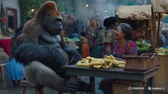 Gorilla Negotiates, Eats Bananas at Bustling Market – AI Generated Video | Hailuo AI