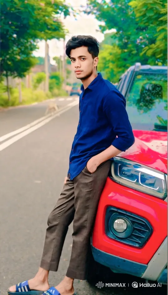 Young Man Poses by Red SUV on Lush Road – AI Generated Video | Hailuo AI