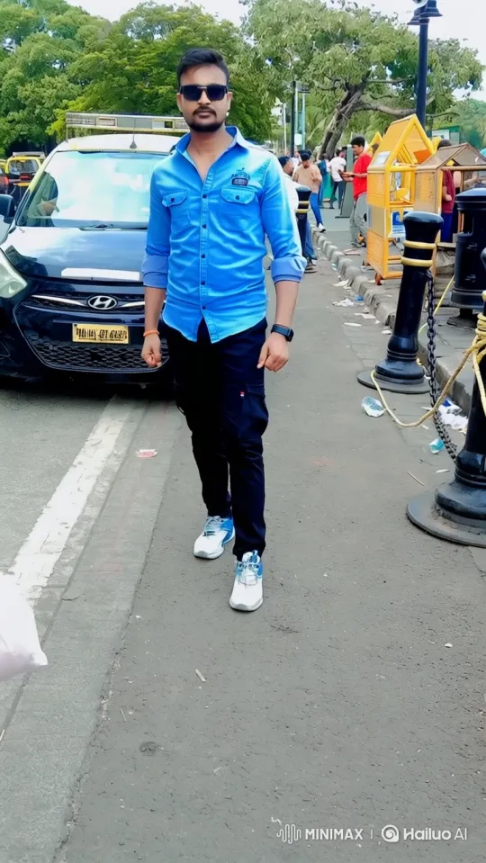Man in Blue Shirt Stands Calmly on Busy Street – AI Generated Video | Hailuo AI