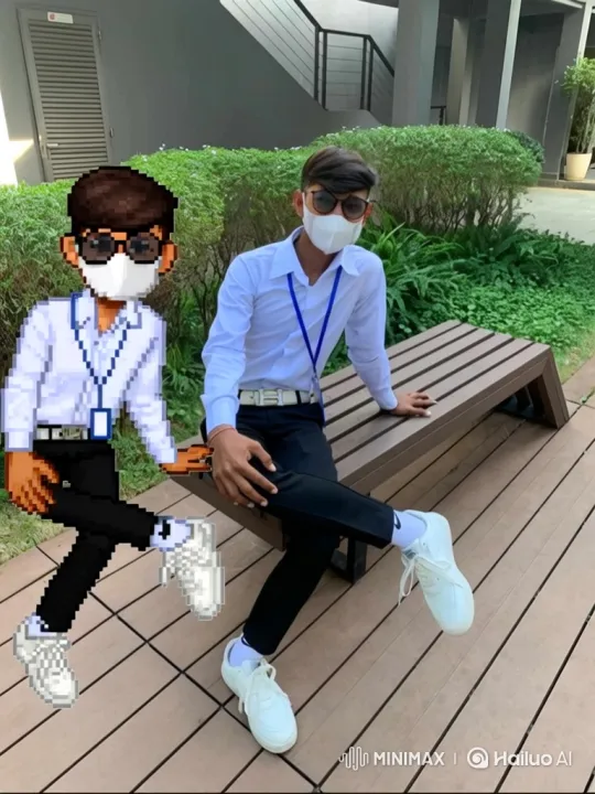Young Man and Pixelated Double on Bench - 180-Degree Orbit Shot – AI Generated Video | Hailuo AI