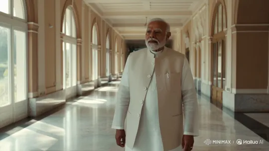 PM Narendra Modi's Stately Walk Through Sunlit Corridor – AI Generated Video | Hailuo AI