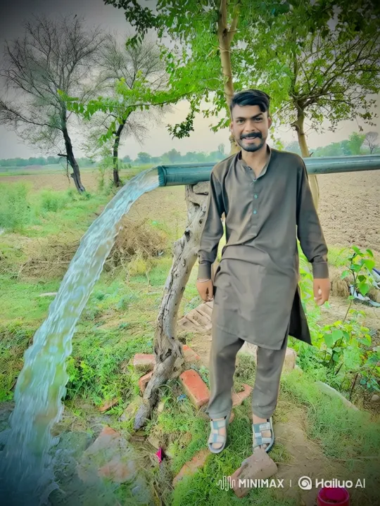 Young Man in Lush Field with Water Stream – AI Generated Video | Hailuo AI