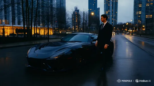 Sophisticated Man Admires Sports Car on Dusky City Street – AI Generated Video | Hailuo AI