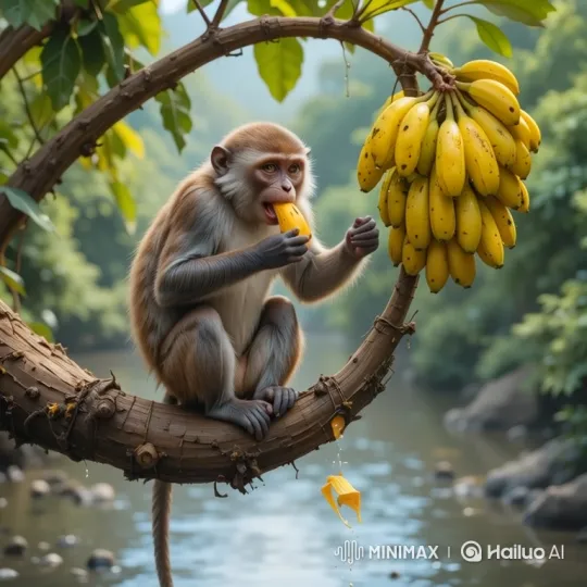 Monkey Enjoying Bananas by a River – AI Generated Video | Hailuo AI