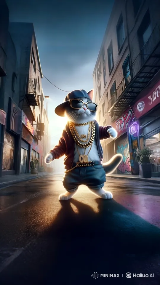 Anthropomorphic Cat Struts Through Misty Alley at Dusk – AI Generated Video | Hailuo AI