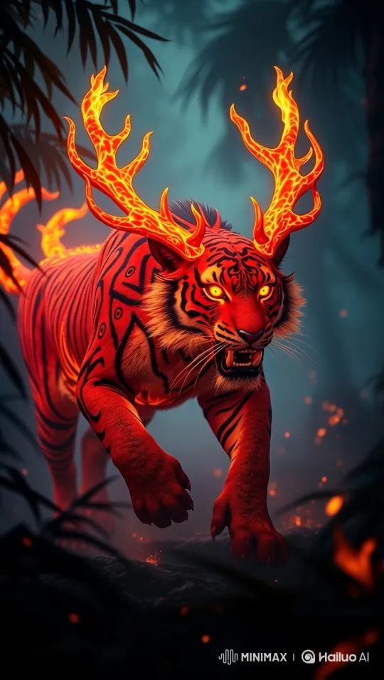 Mythical Red Tiger with Flaming Antlers in Dark Jungle – AI Generated Video | Hailuo AI