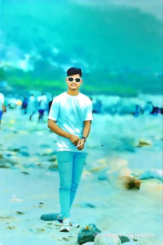 Young Couple Sharing a Moment on a Cyan-Lit Shore – AI Generated Video | Hailuo AI