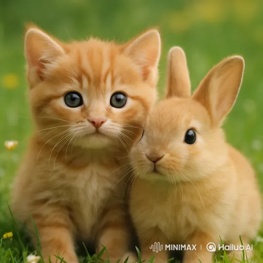 Fluffy Kitten and Bunny Befriend in Meadow – AI Generated Video | Hailuo AI