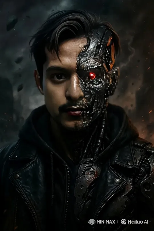 Cyborg Man Stands Resolute in Ruinous Backdrop – AI Generated Video | Hailuo AI