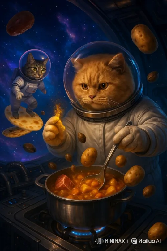 Orange Cat Chef Cooks Stew in Space with Tabby Observer – AI Generated Video | Hailuo AI