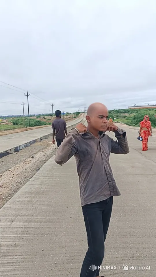 Young Man Adjusts Collar on Paved Road Amidst Overcast Sky – AI Generated Video | Hailuo AI