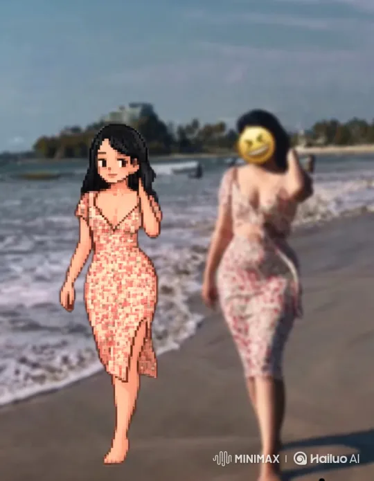 Pixel Art and Real Woman Stand Side-by-Side on a Beach – AI Generated Video | Hailuo AI