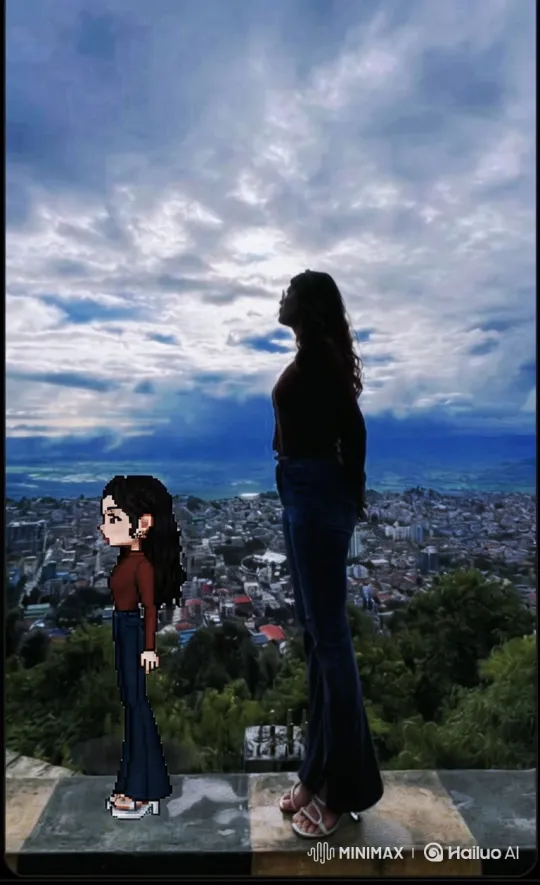 Woman and Pixelated Double Contemplate Cityscape – AI Generated Video | Hailuo AI