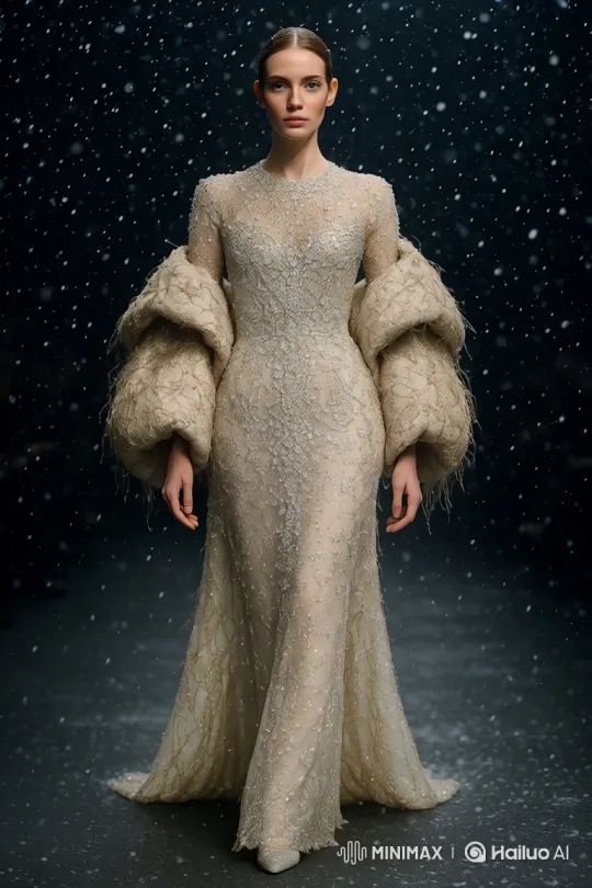 Model Struts in Crystal-Embellished Gown Amidst Snowfall – AI Generated Video | Hailuo AI