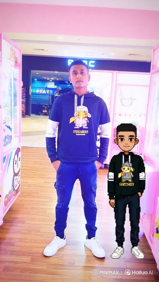 Young Man and Pixel Art Stand Side-by-Side in Arcade – AI Generated Video | Hailuo AI
