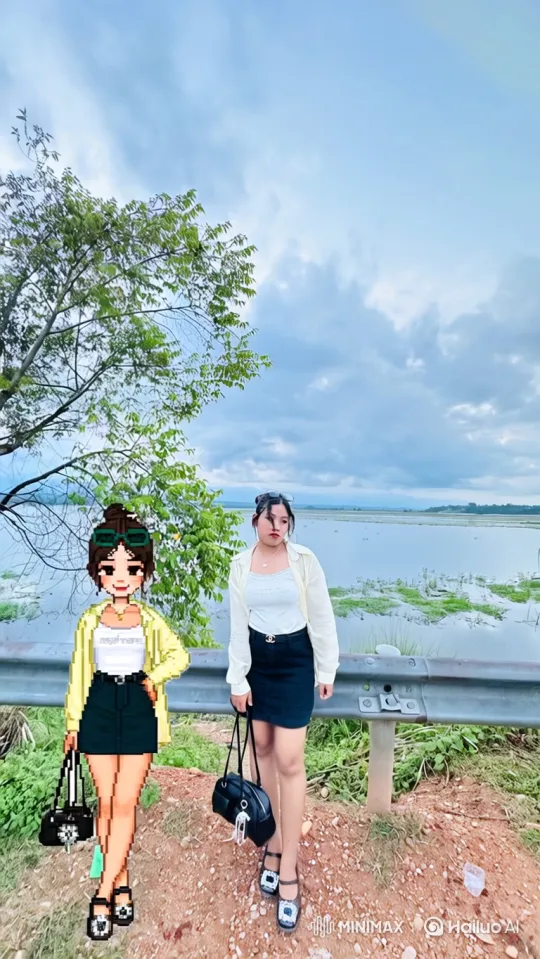 Young Woman and Her Pixel Art Stand by Water – AI Generated Video | Hailuo AI