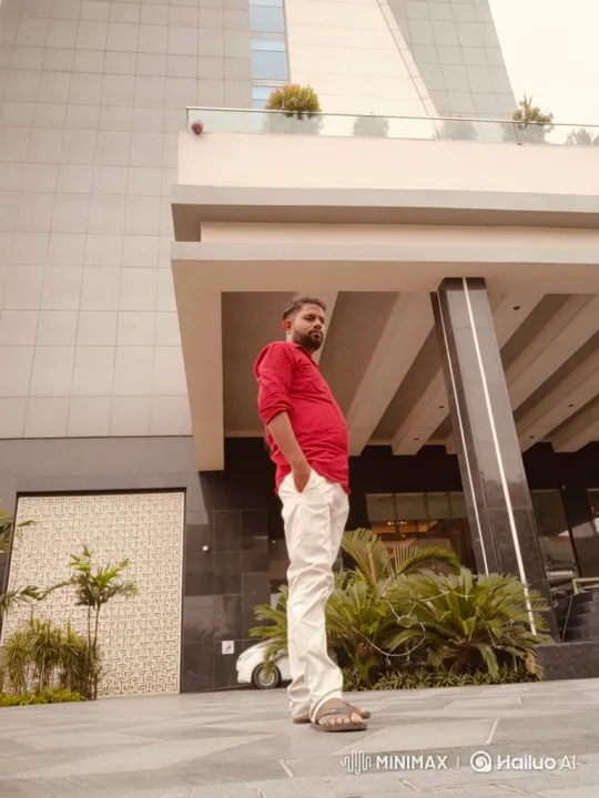 Man in Red Shirt at Modern Building Entrance – AI Generated Video | Hailuo AI