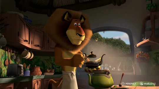 Bipedal Lion Brews Tea in Jungle Kitchen – AI Generated Video | Hailuo AI