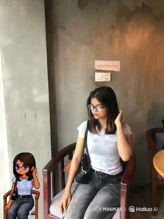 Young Woman in Armchair with Pixel Art Doppelgänger – AI Generated Video | Hailuo AI