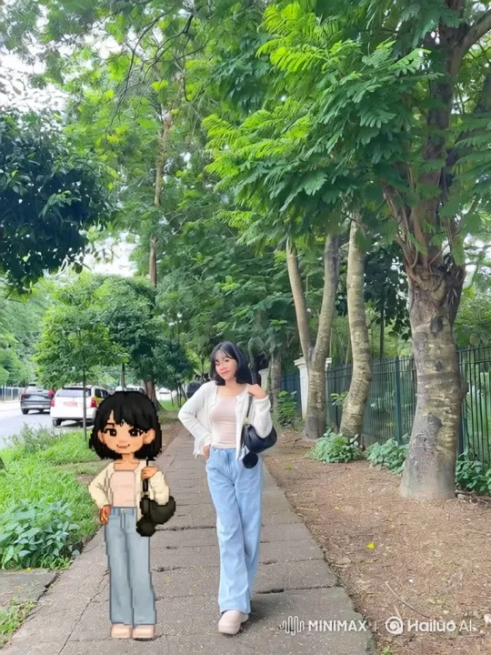 Woman and Pixelated Avatar on Sidewalk – AI Generated Video | Hailuo AI