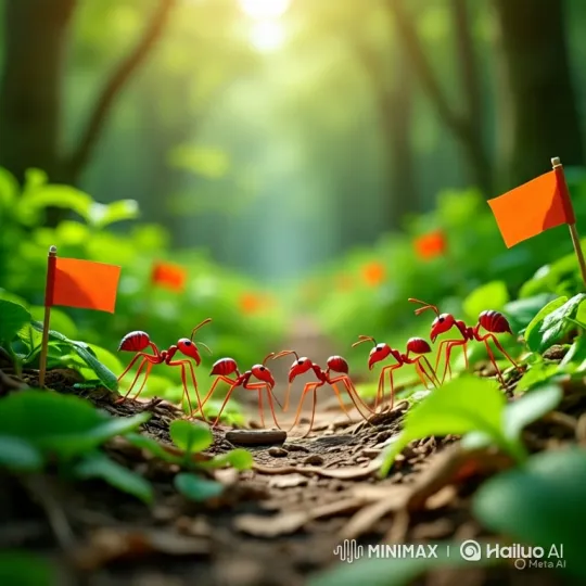 Line of Marching Red Ants in a Lush Forest – AI Generated Video | Hailuo AI