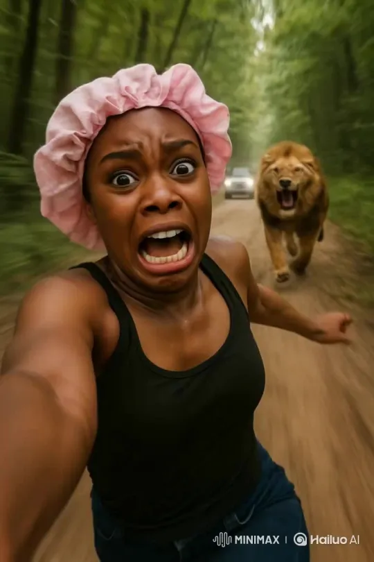Escape from Lion: Rescued by Car in Forest – AI Generated Video | Hailuo AI