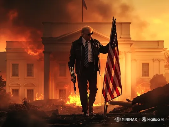 Blond Man with Prosthetic Arm Amidst Burning White House Ruins – AI Generated Video | Hailuo AI