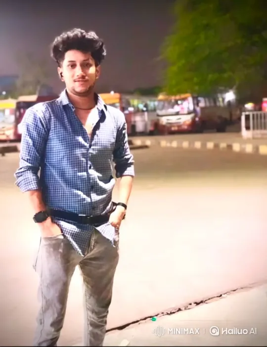 Young Man in Parking Area with Buses in Background – AI Generated Video | Hailuo AI