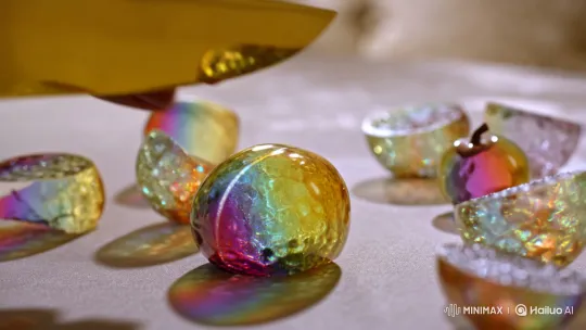 Golden Knife Slices Rainbow Glass Fruit on Luxury Table – AI Generated Video | Hailuo AI