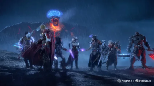 Adventurers Charge Stormy Cliff Against Elemental Monster – AI Generated Video | Hailuo AI
