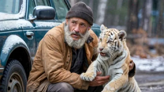 Man Comforts Distressed Tiger Cub in Winter Landscape – AI Generated Video | Hailuo AI